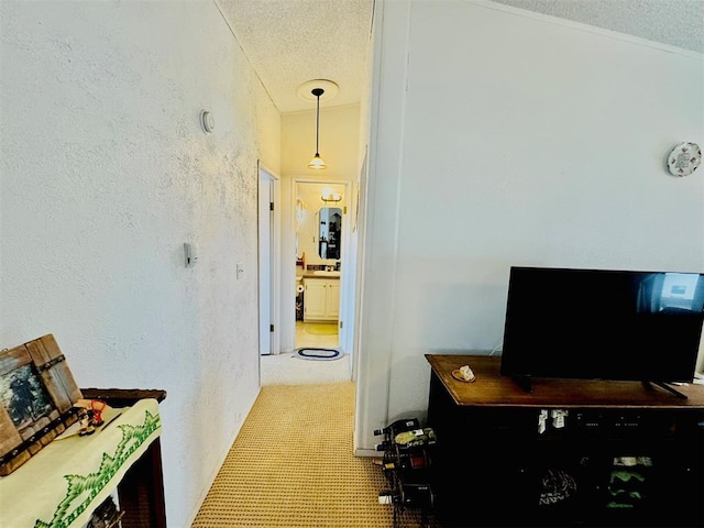 hallway featuring light colored carpet and a textured ceiling