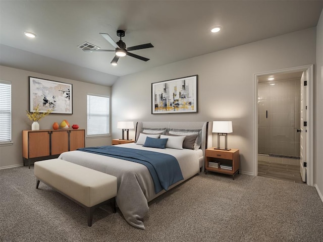 carpeted bedroom featuring recessed lighting, visible vents, baseboards, and connected bathroom