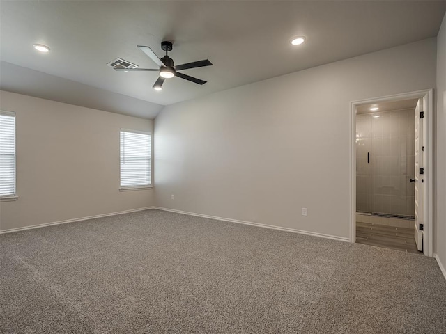 carpeted spare room with baseboards, a ceiling fan, visible vents, and recessed lighting