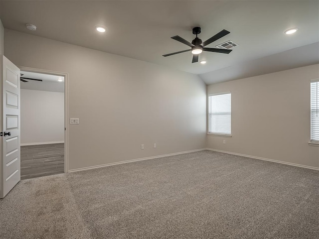 unfurnished room featuring visible vents, carpet, recessed lighting, and ceiling fan