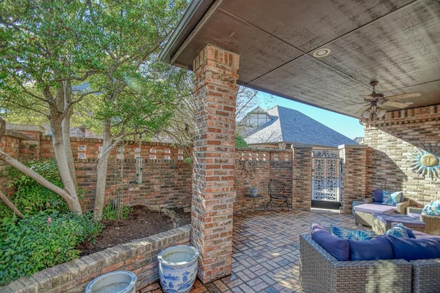 344 Millbrook Dr, Norman, OK 73072 - view of patio / terrace with ceiling fan and an outdoor living space