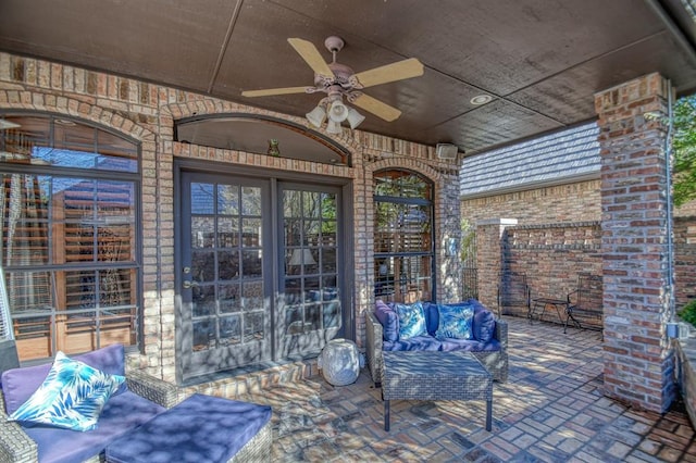 344 Millbrook Dr, Norman, OK 73072 - view of patio / terrace with outdoor lounge area, ceiling fan, and french doors