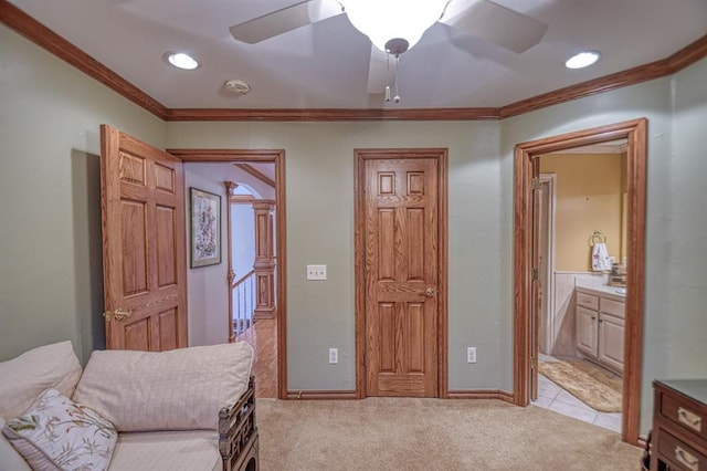 344 Millbrook Dr, Norman, OK 73072 - sitting room featuring crown molding, light colored carpet, and ceiling fan