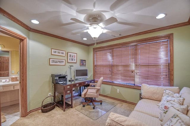 344 Millbrook Dr, Norman, OK 73072 - home office with crown molding, ceiling fan, and light carpet