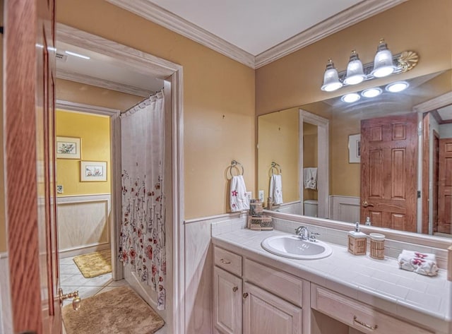 344 Millbrook Dr, Norman, OK 73072 - bathroom with vanity, tile patterned flooring, crown molding, and walk in shower