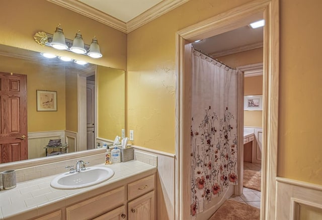 344 Millbrook Dr, Norman, OK 73072 - bathroom featuring vanity, tile patterned flooring, crown molding, and shower / bath combination with curtain