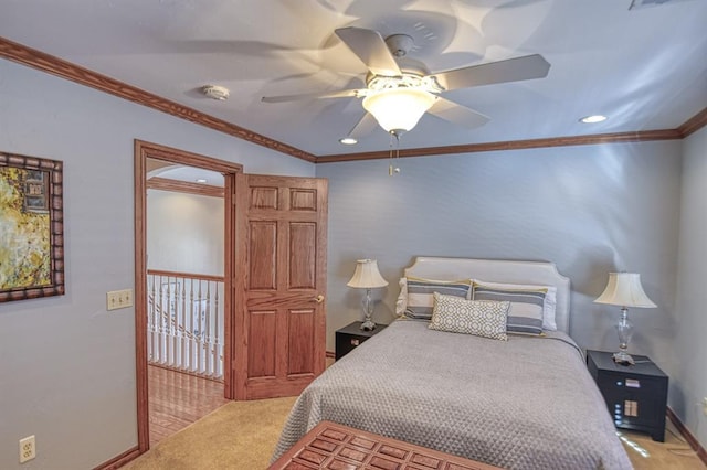344 Millbrook Dr, Norman, OK 73072 - carpeted bedroom with ornamental molding and ceiling fan