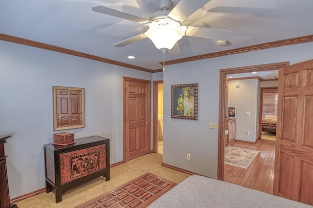 344 Millbrook Dr, Norman, OK 73072 - bedroom with ceiling fan and ornamental molding