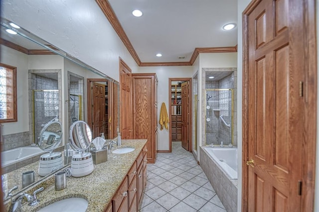 344 Millbrook Dr, Norman, OK 73072 - bathroom featuring vanity, tile patterned flooring, crown molding, and separate shower and tub