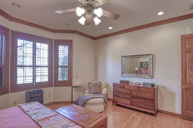 344 Millbrook Dr, Norman, OK 73072 - bedroom featuring ceiling fan, ornamental molding, and light wood-type flooring