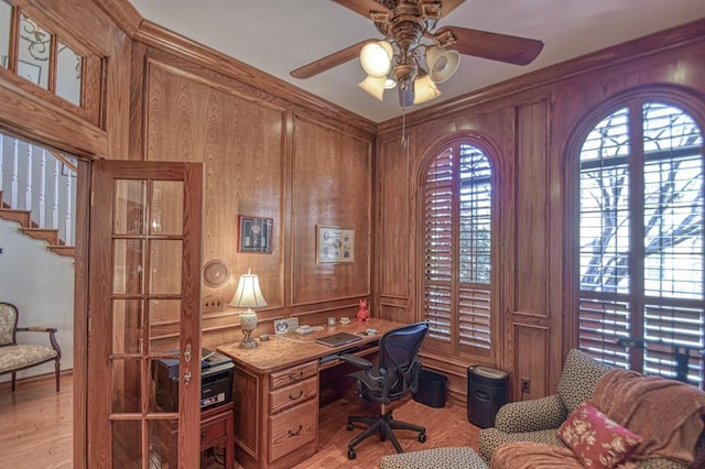 344 Millbrook Dr, Norman, OK 73072 - office space featuring ceiling fan, wooden walls, and light hardwood / wood-style floors
