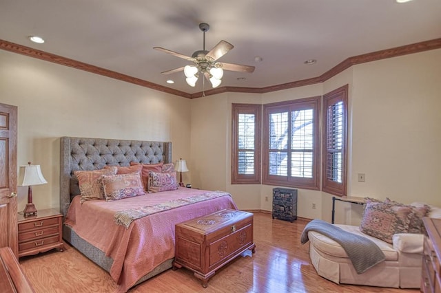 344 Millbrook Dr, Norman, OK 73072 - bedroom with ceiling fan, ornamental molding, and light hardwood / wood-style floors