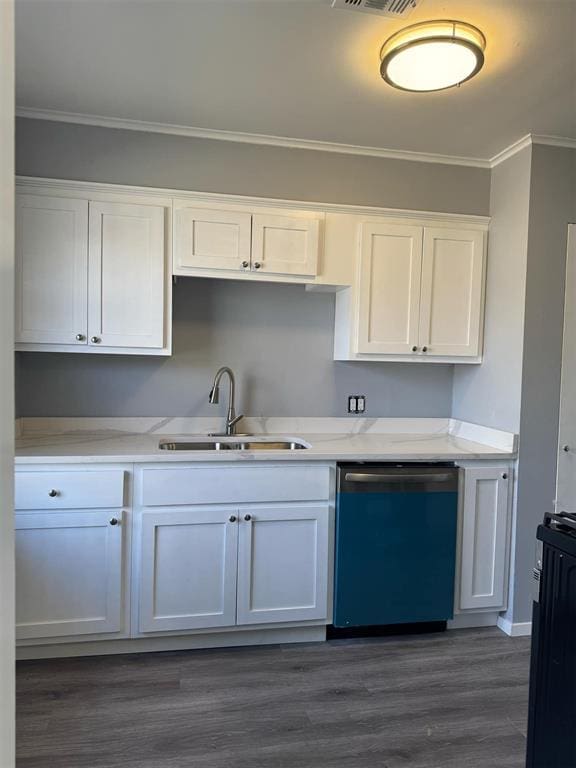 kitchen featuring white cabinetry, sink, stainless steel dishwasher, and dark hardwood / wood-style floors