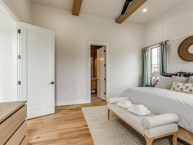 56 Center Ln, Carlton Landing, OK 2023 - bedroom with beam ceiling, light wood-type flooring, recessed lighting, and ensuite bathroom