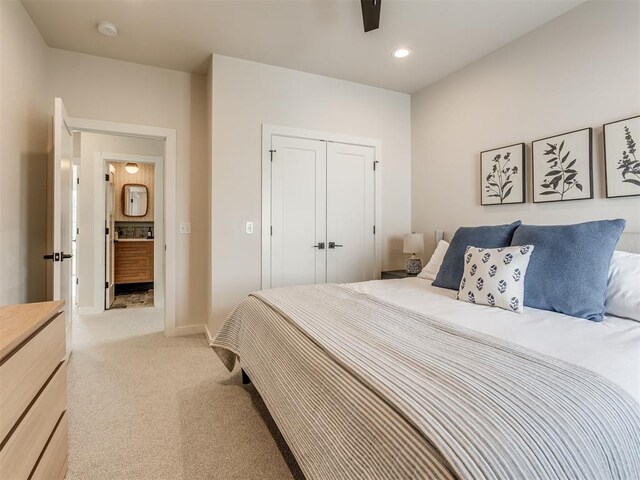 56 Center Ln, Carlton Landing, OK 2023 - bedroom featuring light carpet, a closet, recessed lighting, and ceiling fan
