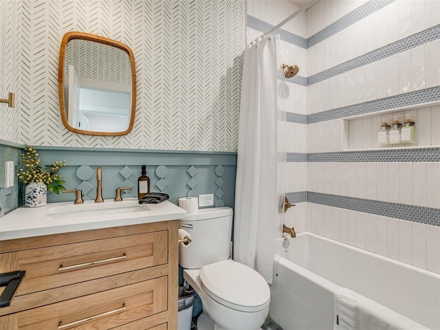 56 Center Ln, Carlton Landing, OK 2023 - bathroom with wallpapered walls, shower / bath combo with shower curtain, and vanity