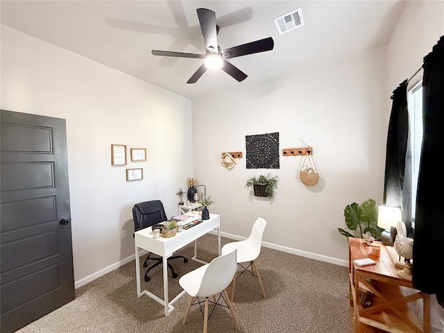 office with ceiling fan and carpet