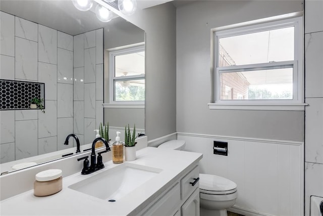 bathroom featuring vanity, toilet, and plenty of natural light