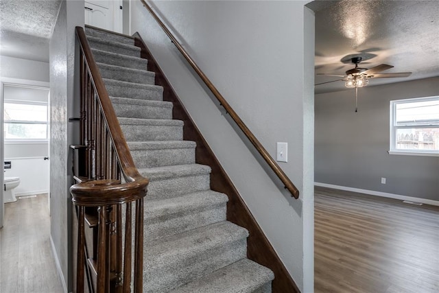 stairway featuring hardwood / wood-style flooring, a textured ceiling, and ceiling fan