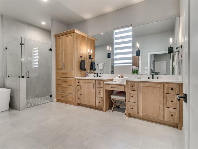 bathroom featuring vanity and shower with separate bathtub