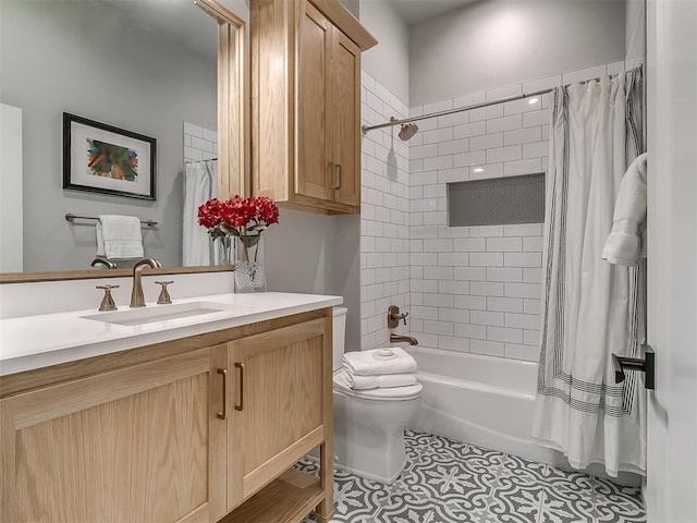 full bathroom with vanity, toilet, tile patterned flooring, and shower / bath combo with shower curtain