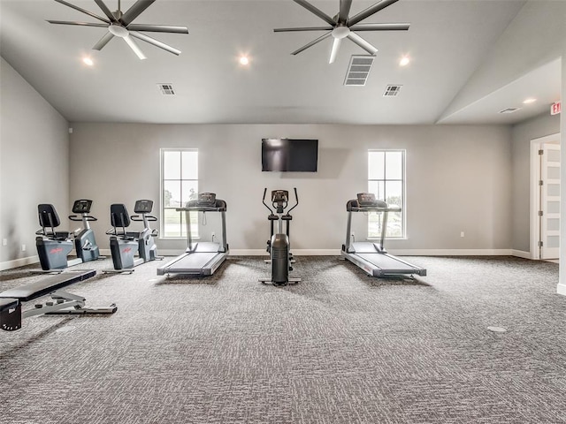 workout area featuring carpet floors, high vaulted ceiling, and ceiling fan