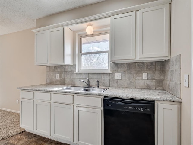 kitchen with sink, black dishwasher, a textured ceiling, white cabinets, and decorative backsplash