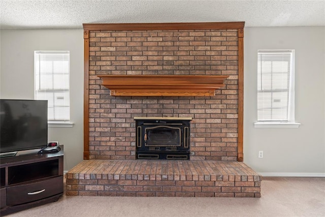 details with carpet flooring, a textured ceiling, and a wood stove