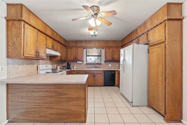 kitchen with light tile patterned floors, sink, white appliances, ceiling fan, and kitchen peninsula