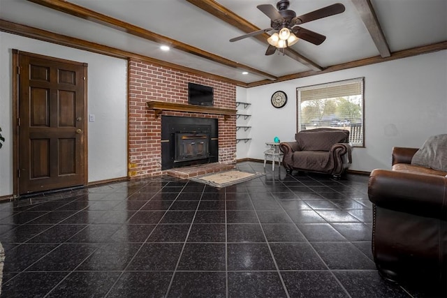 living room featuring ceiling fan and beam ceiling