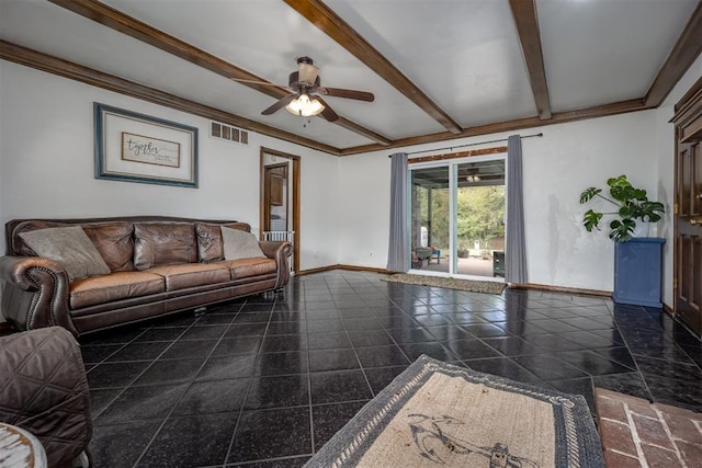 living room with ceiling fan, beamed ceiling, and ornamental molding