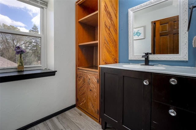 bathroom featuring vanity and hardwood / wood-style flooring