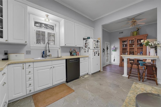 kitchen featuring sink, white cabinetry, crown molding, white refrigerator, and black dishwasher