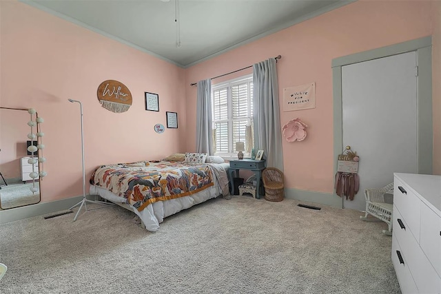 bedroom with light colored carpet