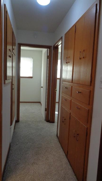 hallway with light colored carpet