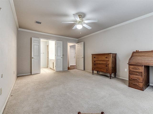 unfurnished bedroom with light carpet, crown molding, ceiling fan, and ensuite bathroom