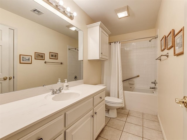 full bathroom featuring tile patterned floors, toilet, shower / tub combo, and vanity