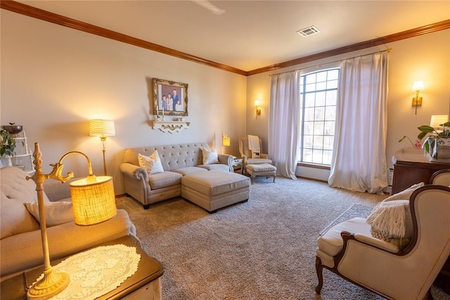 living room with ornamental molding and light colored carpet