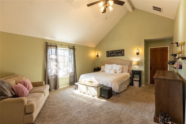 carpeted bedroom featuring beam ceiling, high vaulted ceiling, and ceiling fan