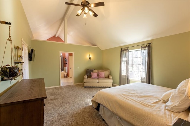 bedroom with ceiling fan, high vaulted ceiling, carpet, a spacious closet, and beamed ceiling