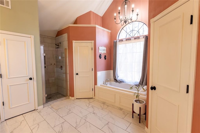 bathroom with plus walk in shower, vaulted ceiling, and an inviting chandelier