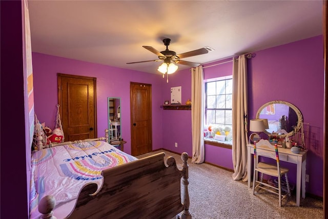 bedroom featuring carpet flooring and ceiling fan