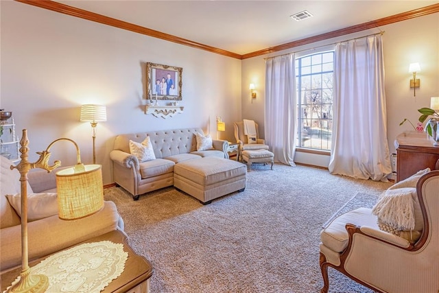 carpeted living area featuring visible vents and crown molding