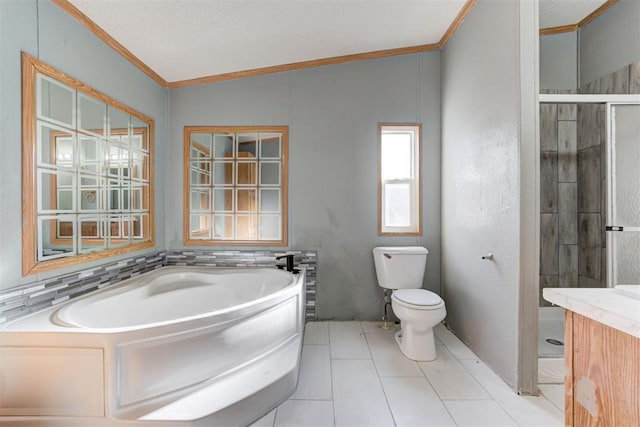 full bathroom featuring plus walk in shower, toilet, vanity, and ornamental molding