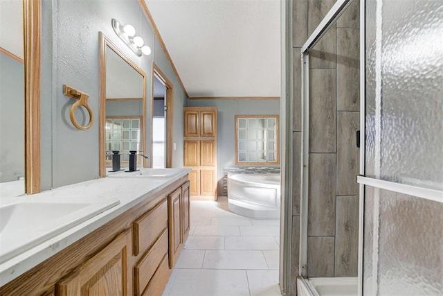 bathroom featuring tile patterned flooring, vanity, ornamental molding, and plus walk in shower