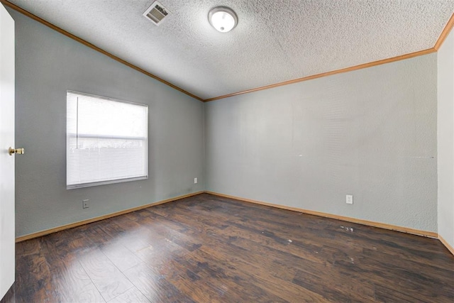 unfurnished room with dark hardwood / wood-style floors, a textured ceiling, and lofted ceiling