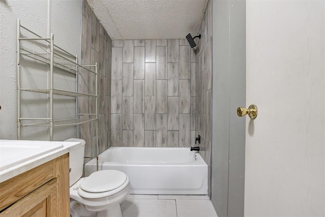 full bathroom with toilet, a textured ceiling, tile patterned flooring, vanity, and shower / washtub combination