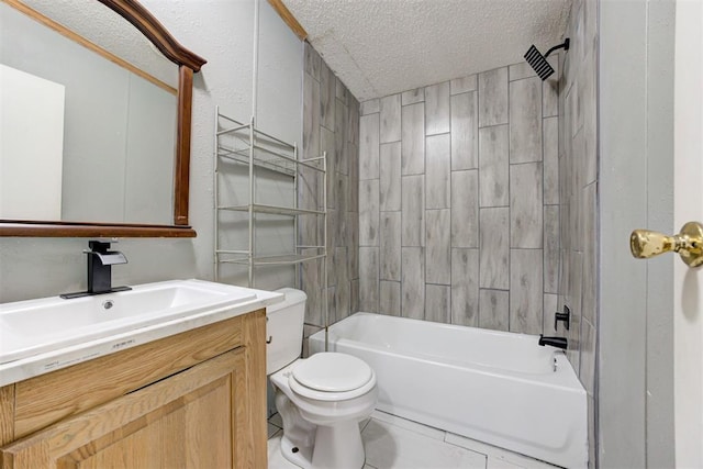 full bathroom with a textured ceiling, tile patterned flooring, bathing tub / shower combination, vanity, and toilet