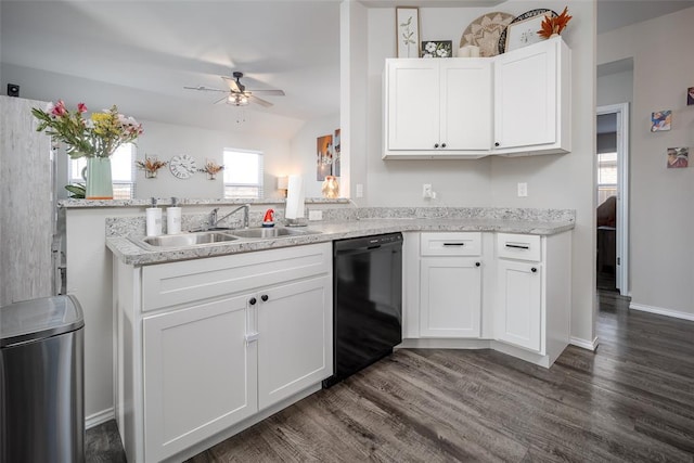 kitchen featuring dark hardwood / wood-style flooring, white cabinets, sink, and black dishwasher