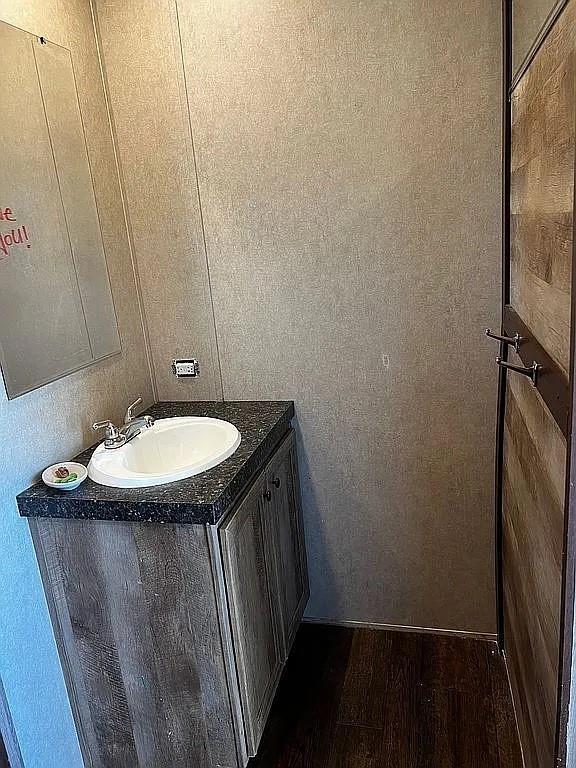 bathroom with vanity and hardwood / wood-style floors